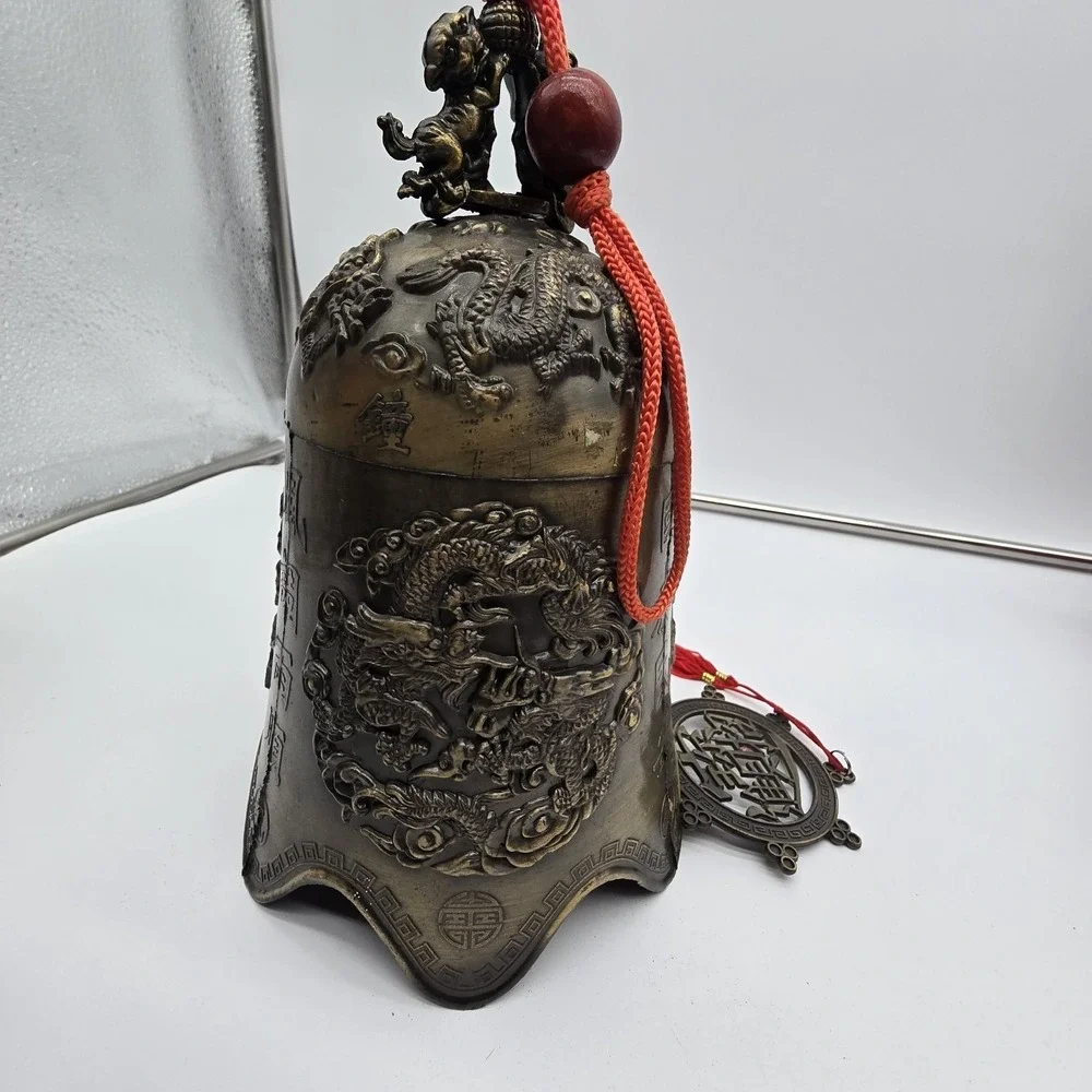 Vintage Chinese‎ Brass Bell with Dragon & Foo Dog Motif For Luck & Wealth